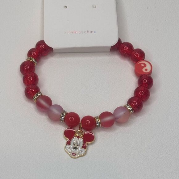 Colorful Kids Beaded Stretch Bracelet Red beads Mickey charm - Picture 1 of 8